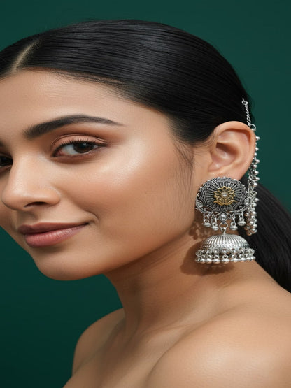 Oxidised Silver Plated Ghumroo Beaded Dome Jhumka with Hair Chain