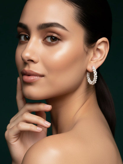 Fancy White Beaded Hoops