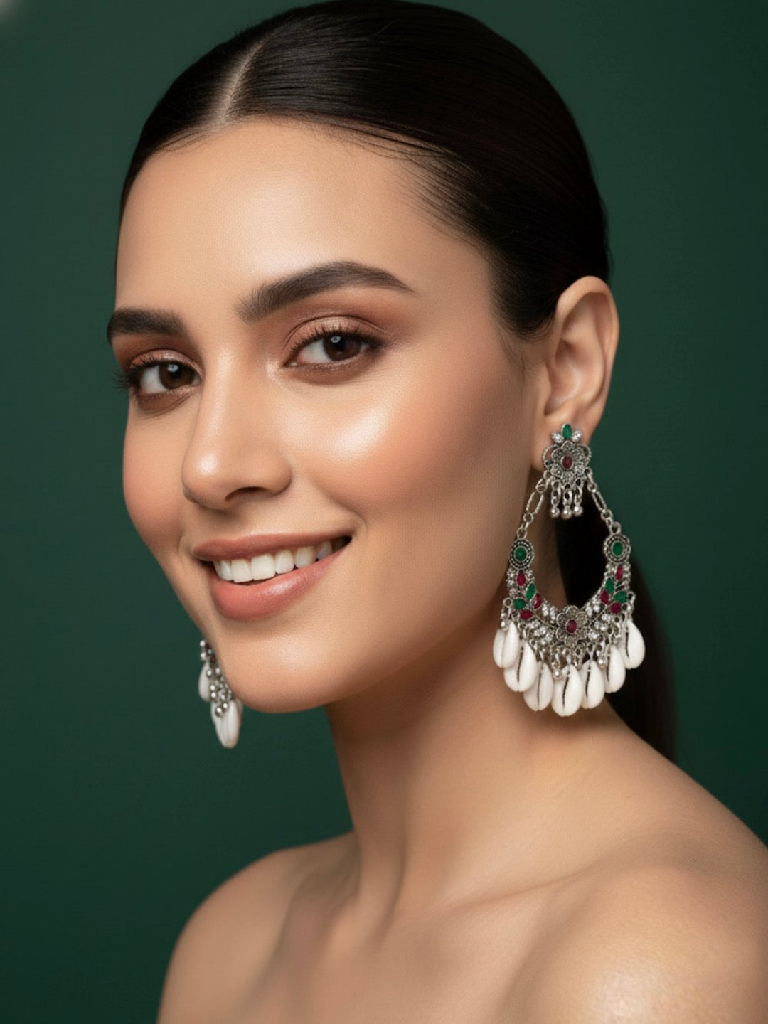 Oxidized Fancy Beaded & Seashell Earrings