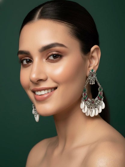 Oxidized Fancy Beaded & Seashell Earrings