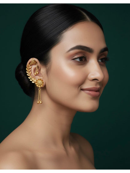 Women Gold Plated Leaf Shaped Ear Cuff With Drop Chain