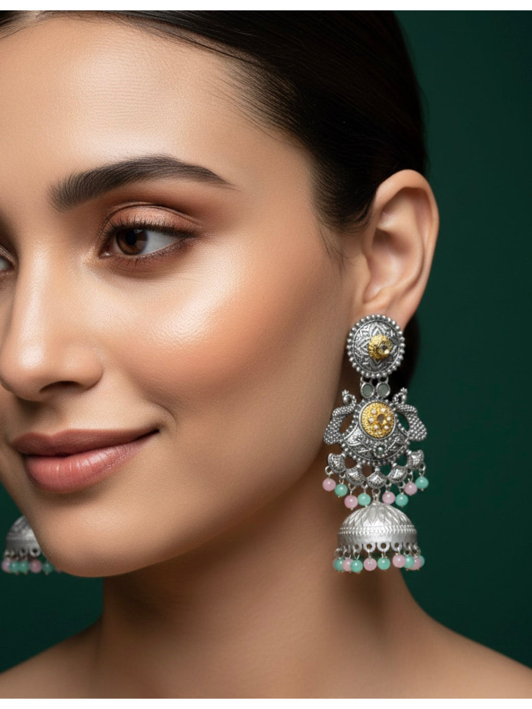 Women Oxidised Peacock Jhumka Studded With Stones