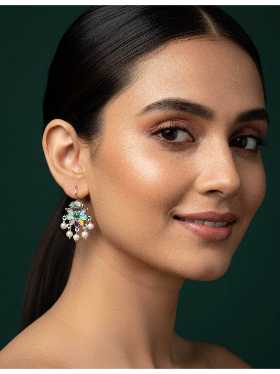 Women Oxidised Navratna Stones Earrings