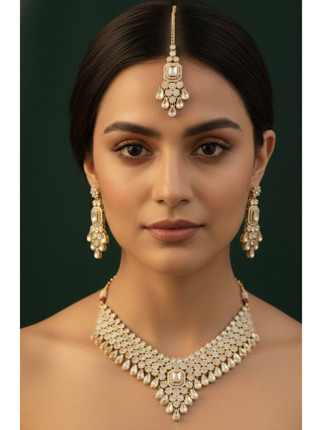 Women Ruby Kundan Necklace With Earrings & Mang Tika