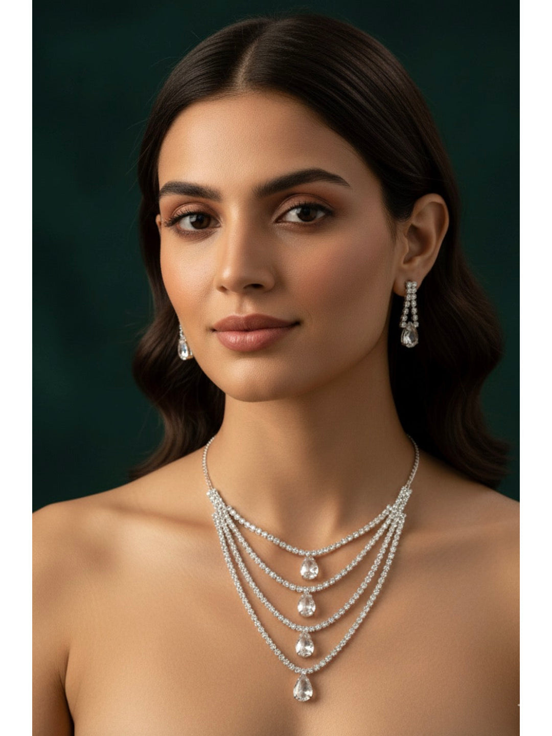 Women Layered Daimond Necklace With Earrings