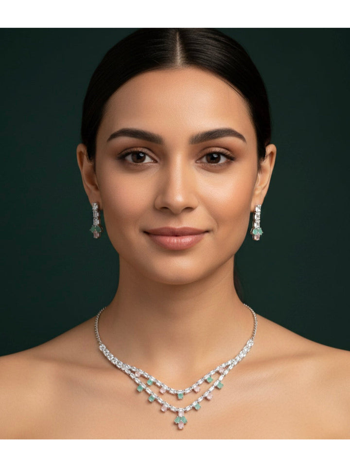 Women Mint &amp; Pastel Stone Necklace With Earrings