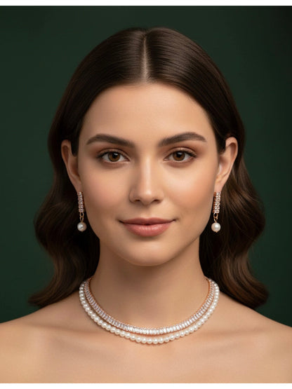 Women Peral & Stone Layered Necklace With Earrings