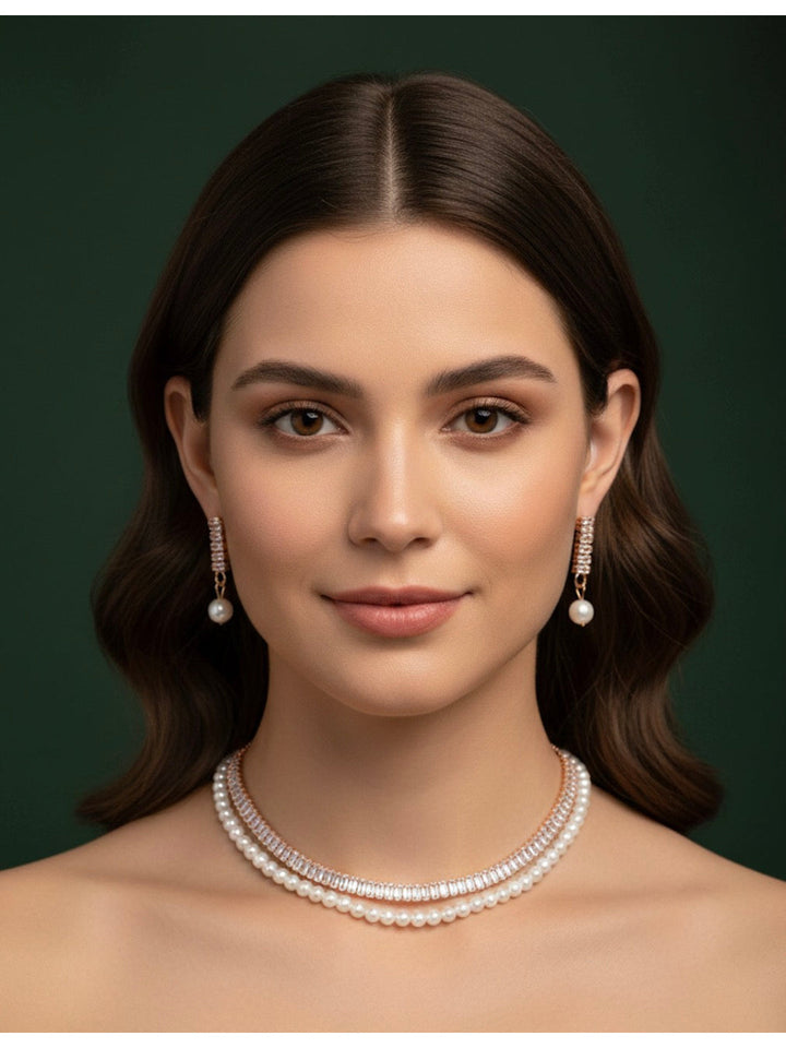 Women Peral &amp; Stone Layered Necklace With Earrings