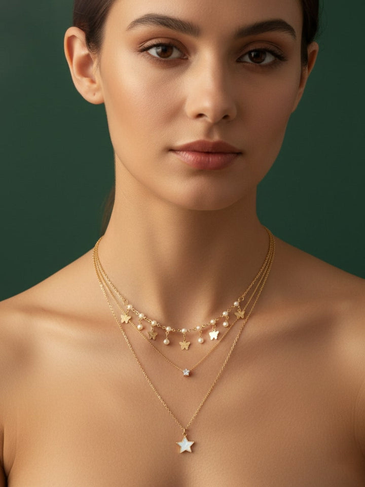 Fancy Star &amp; Beaded Multi Layered Chain Necklace