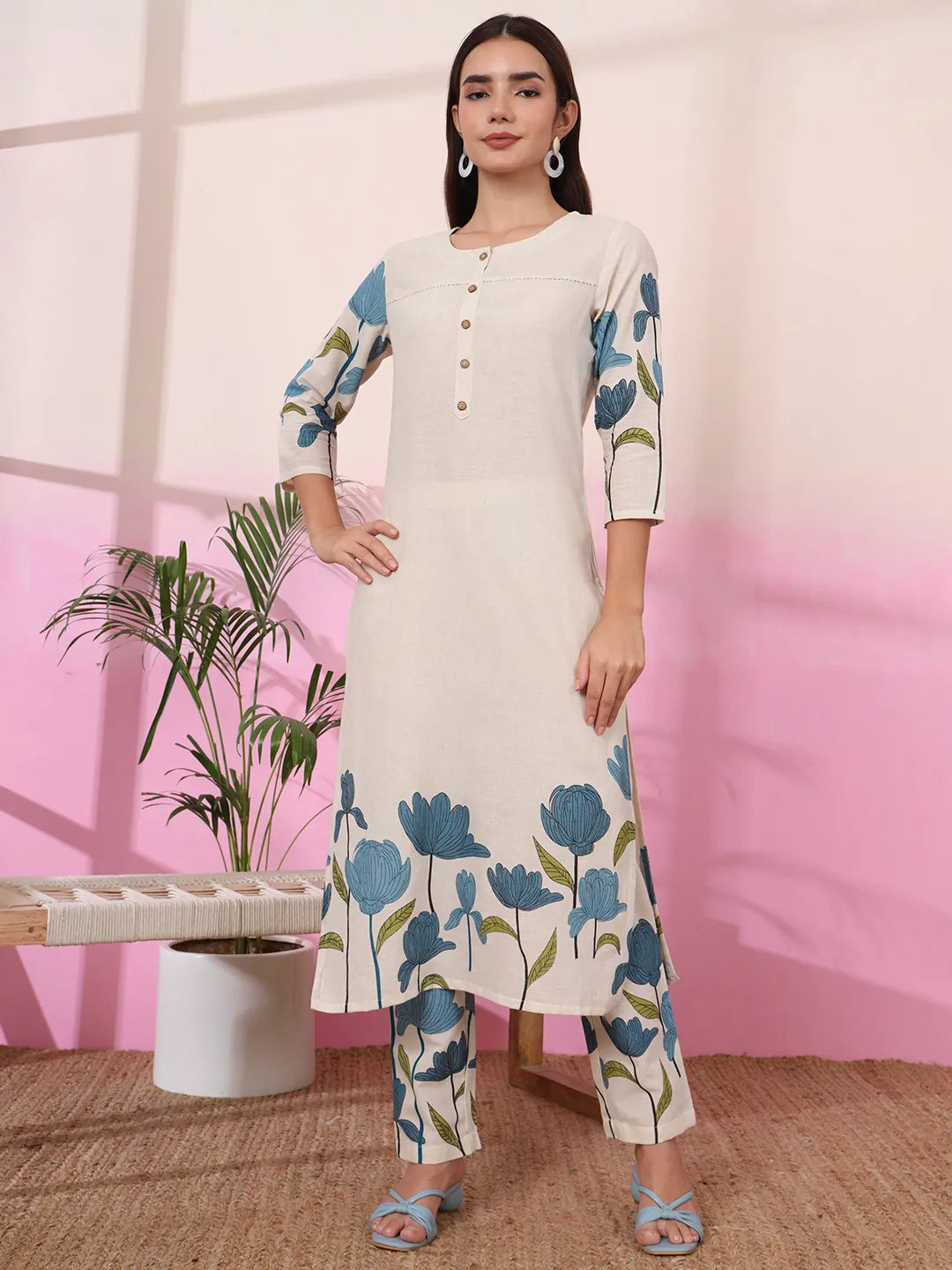 Blue And Cream Cotton Floral Print Straight Kurta Trouser Set