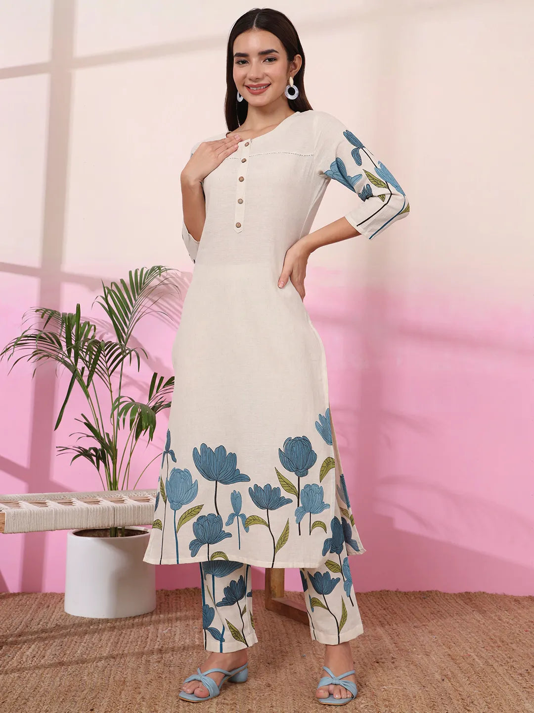 Blue And Cream Cotton Floral Print Straight Kurta Trouser Set