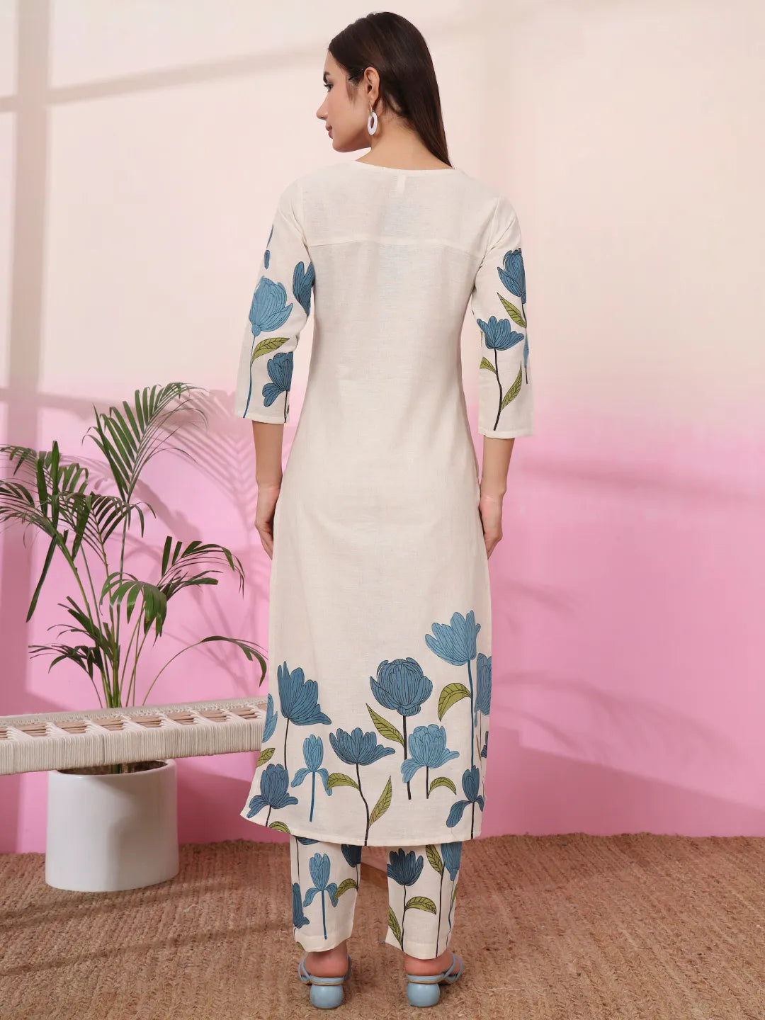 Blue And Cream Cotton Floral Print Straight Kurta Trouser Set