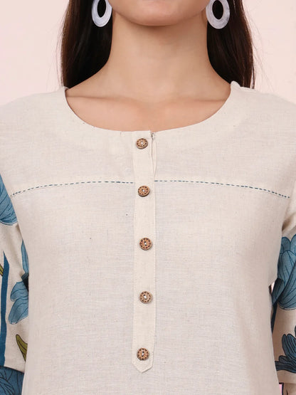 Blue And Cream Cotton Floral Print Straight Kurta Trouser Set