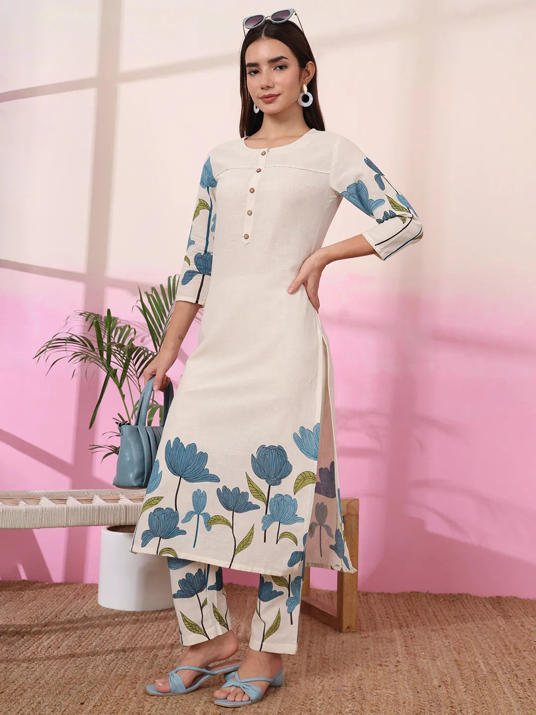 Blue And Cream Cotton Floral Print Straight Kurta Trouser Set