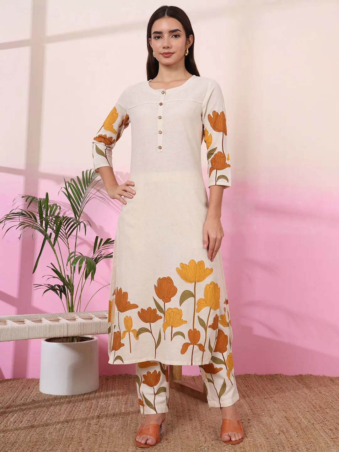 Mustard And Cream Cotton Floral Print Straight Kurta Trouser Set