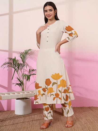 Mustard And Cream Cotton Floral Print Straight Kurta Trouser Set