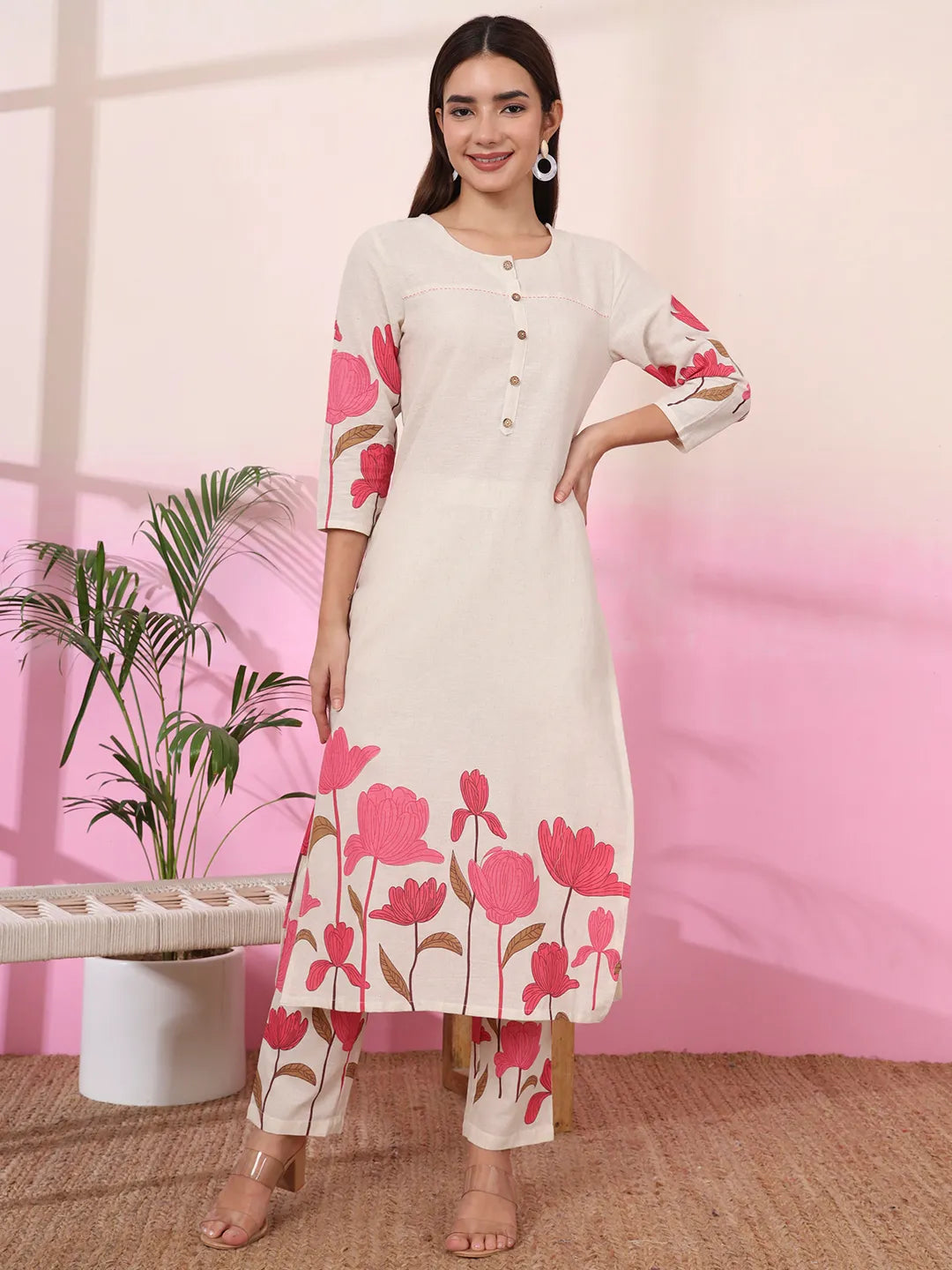 Pink And Cream Cotton Floral Print Straight Kurta Trouser Set