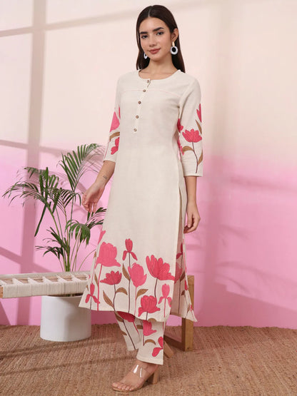 Pink And Cream Cotton Floral Print Straight Kurta Trouser Set