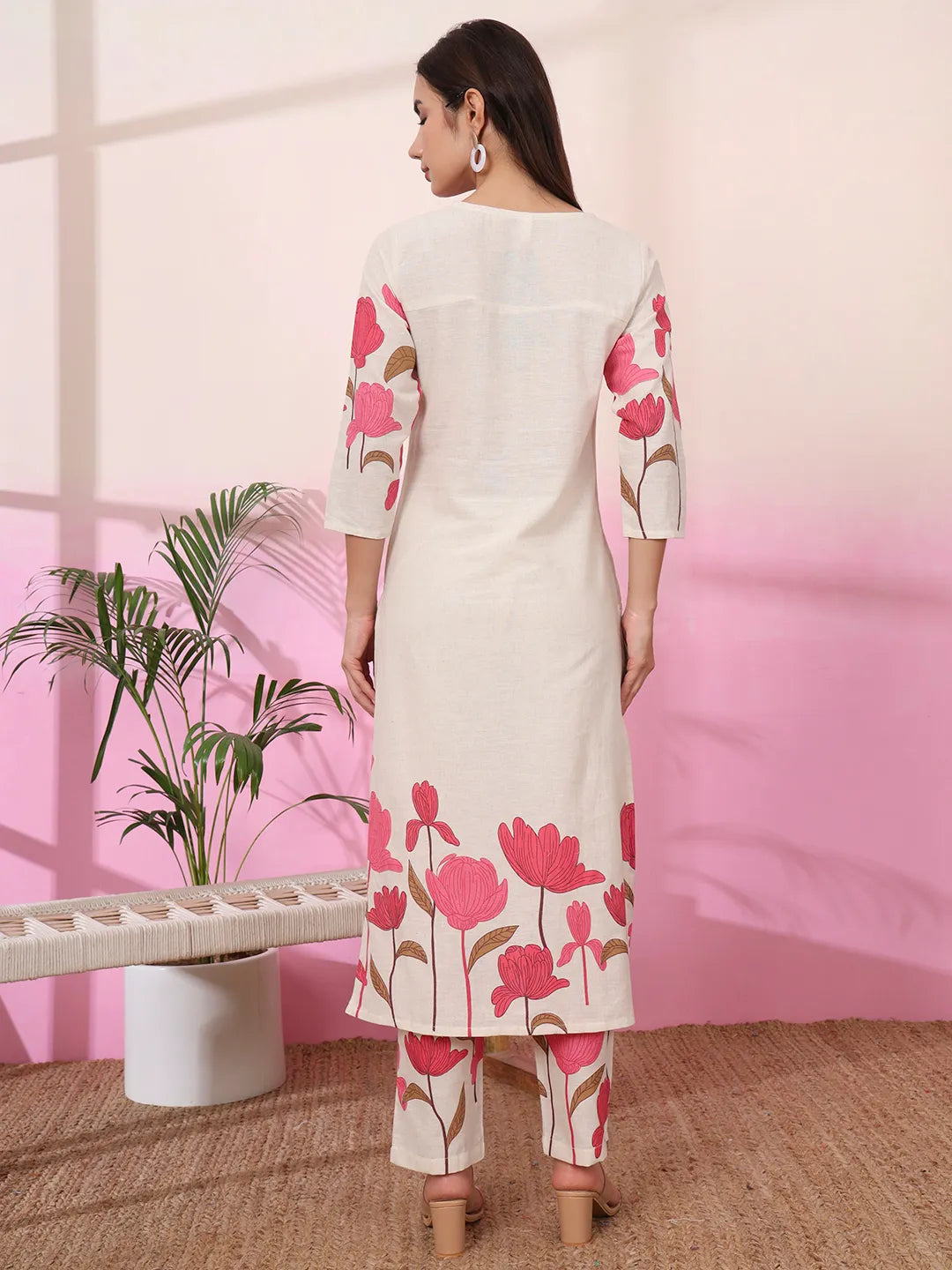 Pink And Cream Cotton Floral Print Straight Kurta Trouser Set