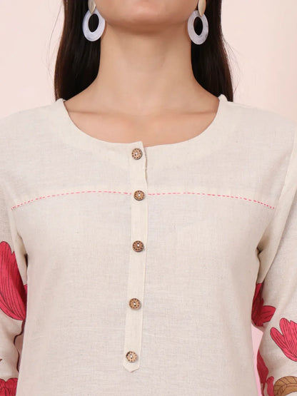 Pink And Cream Cotton Floral Print Straight Kurta Trouser Set