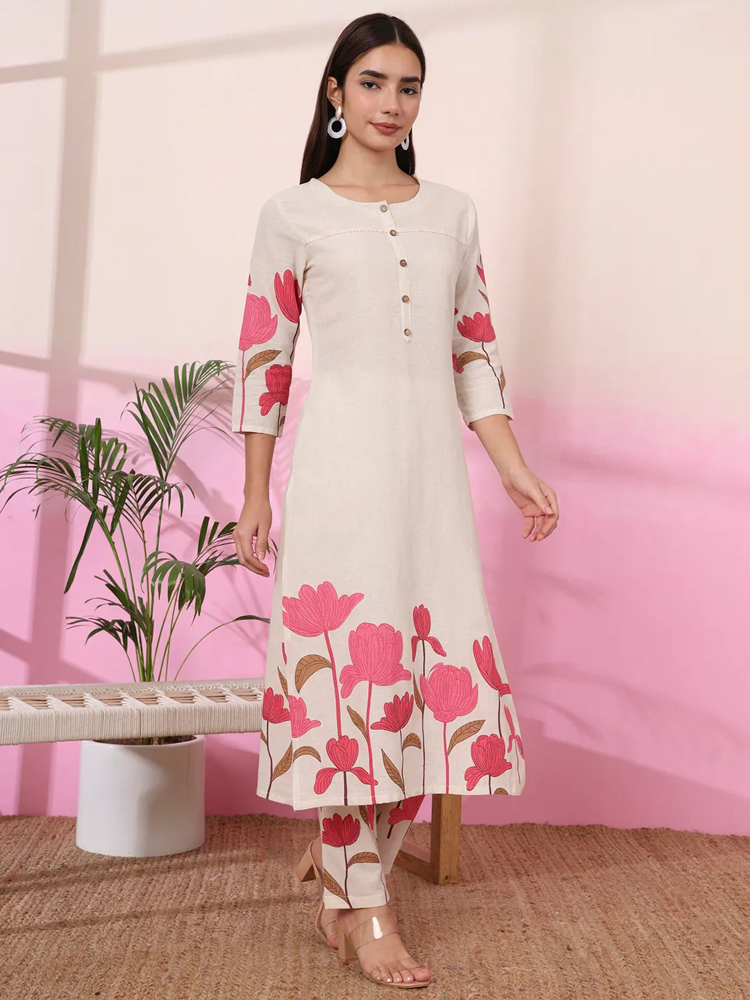 Pink And Cream Cotton Floral Print Straight Kurta Trouser Set