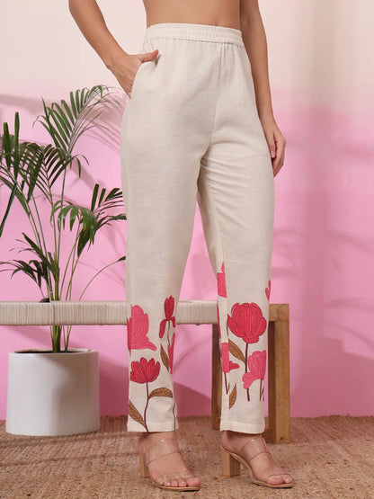 Pink And Cream Cotton Floral Print Straight Kurta Trouser Set