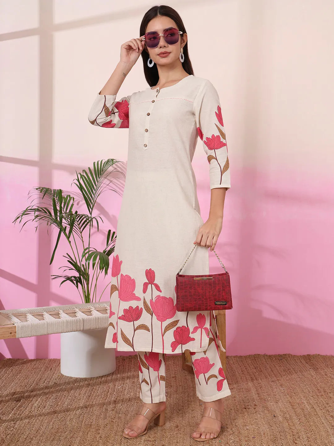 Pink And Cream Cotton Floral Print Straight Kurta Trouser Set