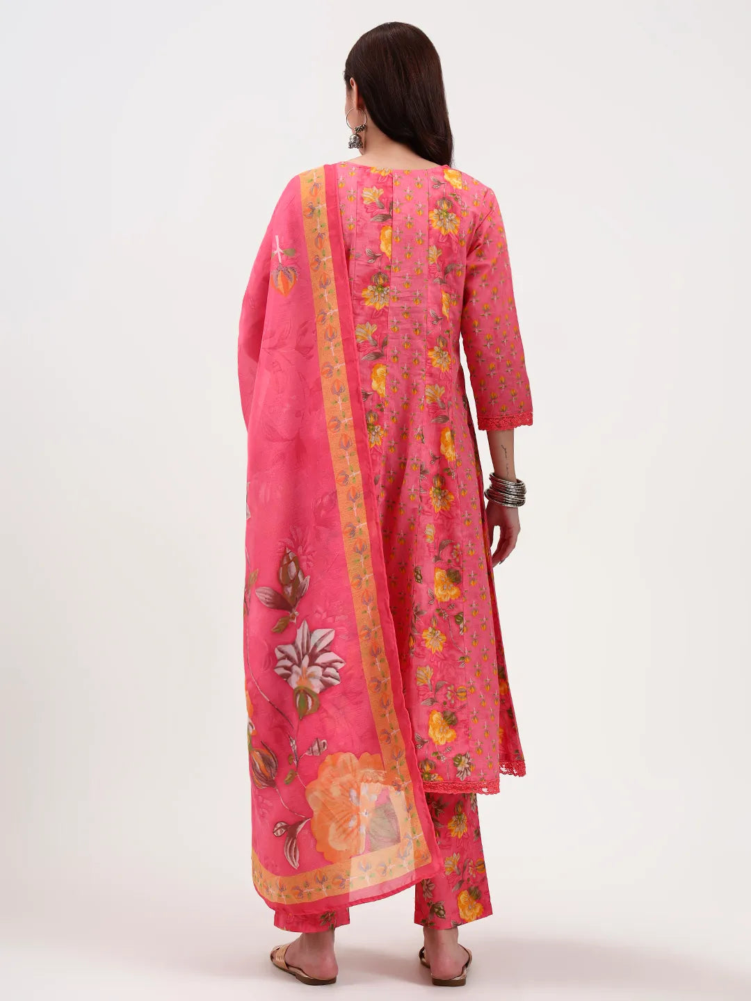 Pink Floral Print Cotton Anarkali Kurta Trouser Dupatta Set One Pocket Kurta