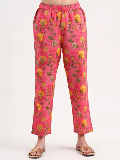 Pink Floral Print Cotton Anarkali Kurta Trouser Dupatta Set One Pocket Kurta