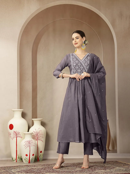 Purple Mul Chanderi Beads And Stones Mirror Work Kurta Dupatta Pant Set