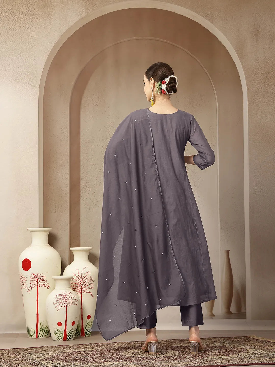 Purple Mul Chanderi Beads And Stones Mirror Work Kurta Dupatta Pant Set