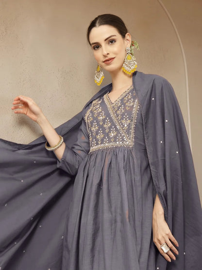 Purple Mul Chanderi Beads And Stones Mirror Work Kurta Dupatta Pant Set