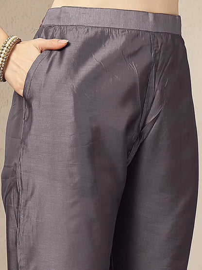 Purple Mul Chanderi Beads And Stones Mirror Work Kurta Dupatta Pant Set