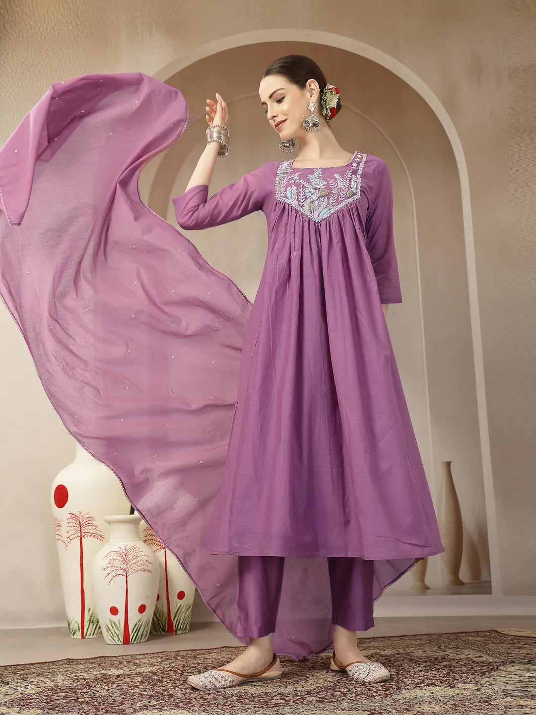 Purple Mul Chanderi Beads And Stones Sequins Work Kurta Dupatta Pant Set