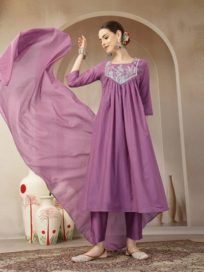Purple Mul Chanderi Beads And Stones Sequins Work Kurta Dupatta Pant Set