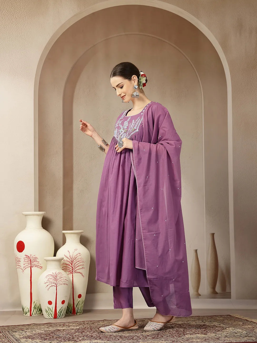 Purple Mul Chanderi Beads And Stones Sequins Work Kurta Dupatta Pant Set