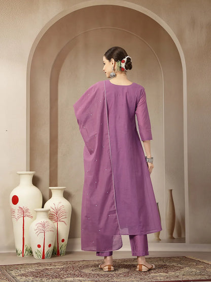 Purple Mul Chanderi Beads And Stones Sequins Work Kurta Dupatta Pant Set