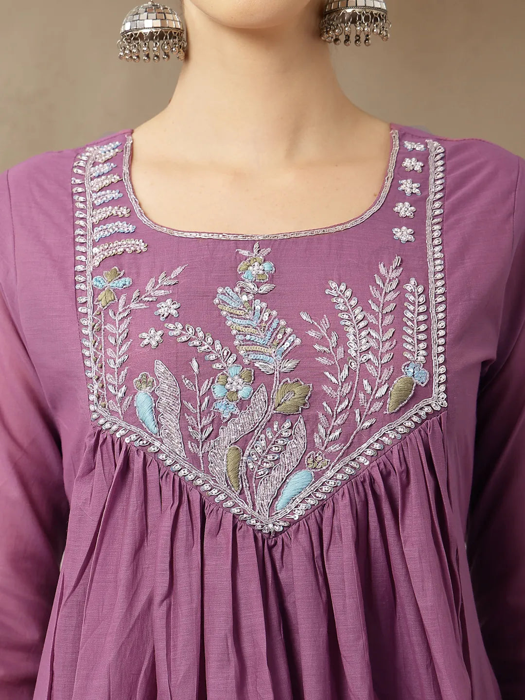 Purple Mul Chanderi Beads And Stones Sequins Work Kurta Dupatta Pant Set