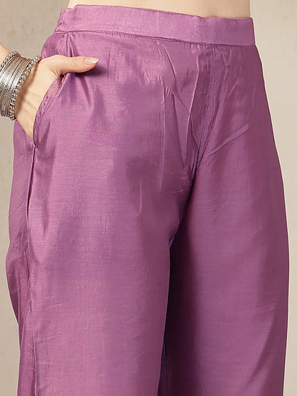 Purple Mul Chanderi Beads And Stones Sequins Work Kurta Dupatta Pant Set