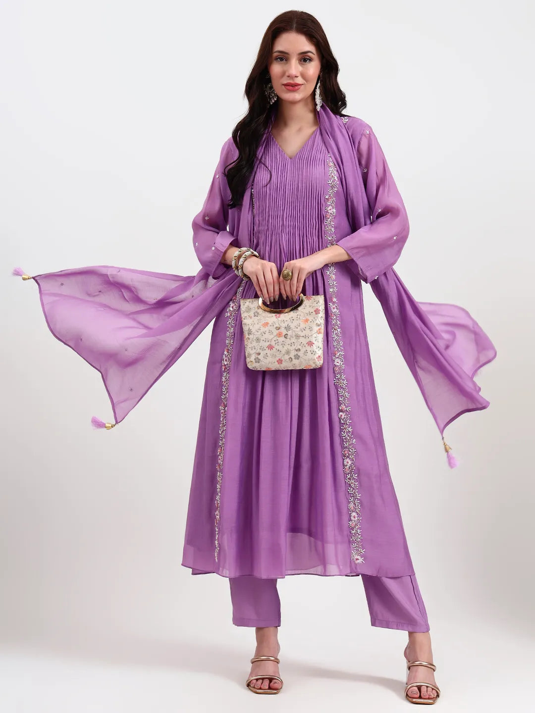 Purple Mul Chanderi Kurta Dupatta Pant Set With Handwork