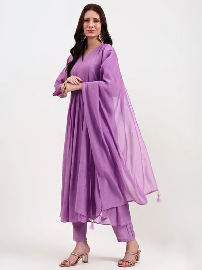 Purple Mul Chanderi Kurta Dupatta Pant Set With Handwork