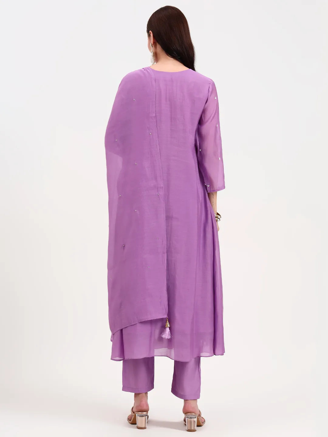 Purple Mul Chanderi Kurta Dupatta Pant Set With Handwork