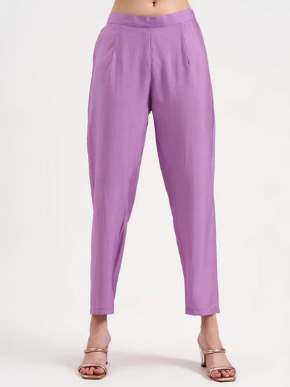 Purple Mul Chanderi Kurta Dupatta Pant Set With Handwork