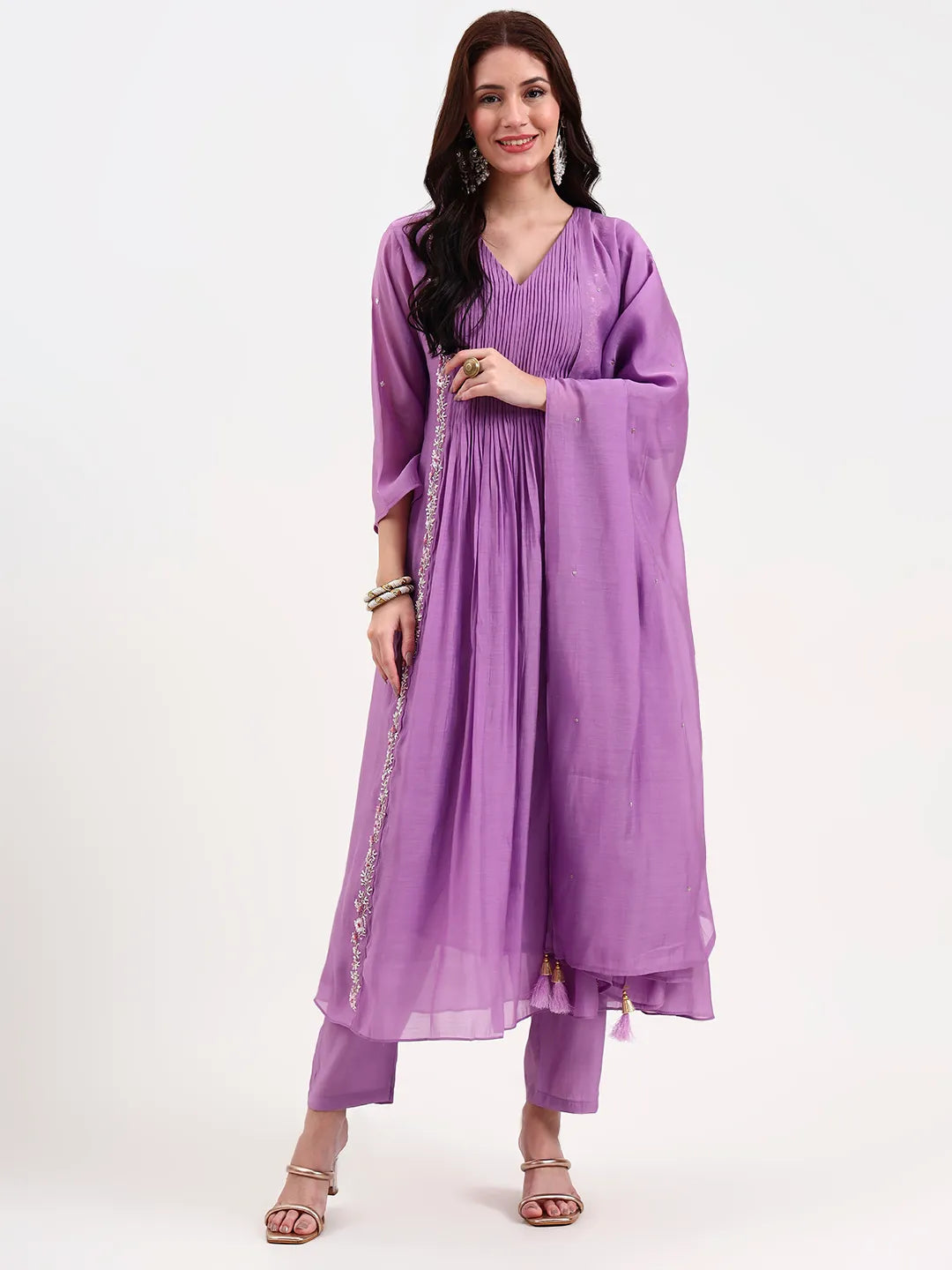 Purple Mul Chanderi Kurta Dupatta Pant Set With Handwork