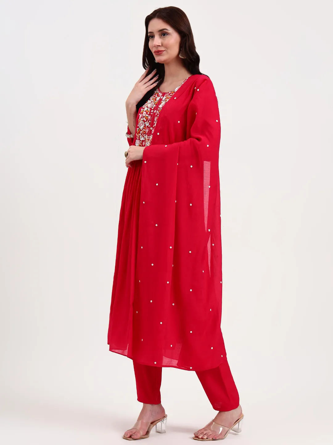 Pink Solid Chanderi Silk A-Line Kurta Trouser Dupatta Set