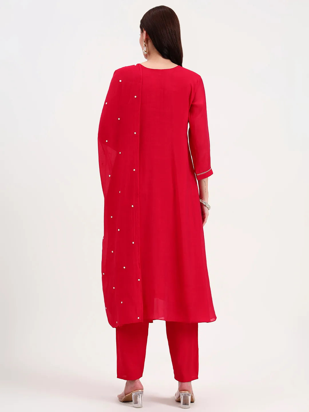 Pink Solid Chanderi Silk A-Line Kurta Trouser Dupatta Set