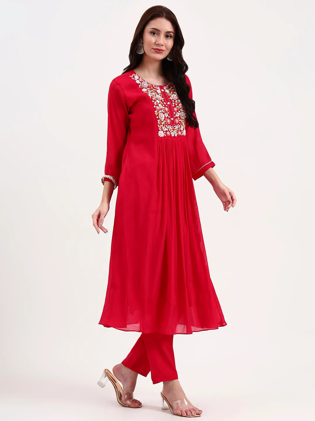 Pink Solid Chanderi Silk A-Line Kurta Trouser Dupatta Set