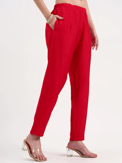 Pink Solid Chanderi Silk A-Line Kurta Trouser Dupatta Set