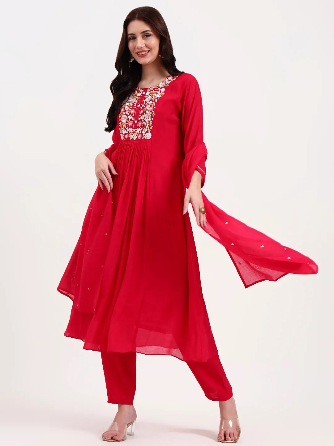 Pink Solid Chanderi Silk A-Line Kurta Trouser Dupatta Set