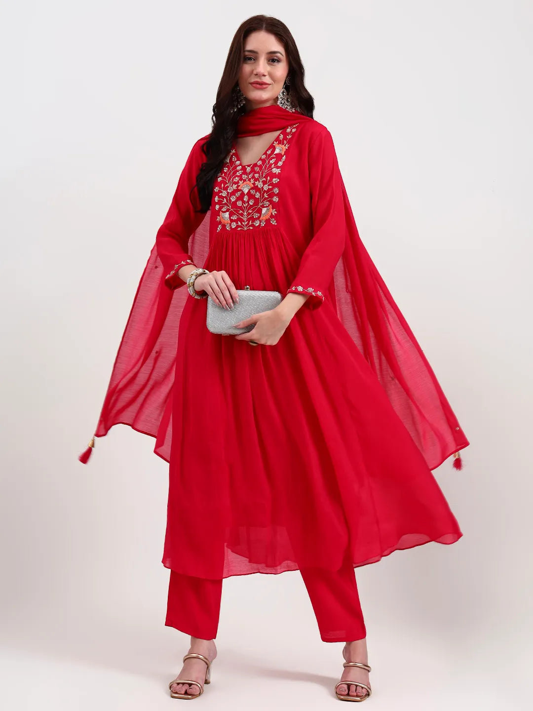 Pink Embroidered Chanderi Silk A-Line Kurta Trouser Dupatta Set